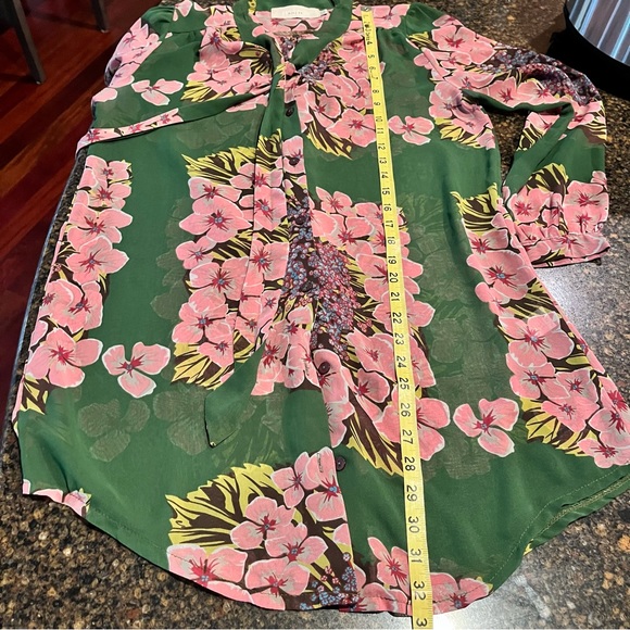 Mina UK Women’s 10 Top Button Up Blouse Floral Tie Neck Green Pink Long Sleeve - Picture 9 of 10